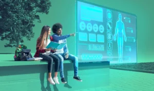 full-shot-friends-looking-floating-screen